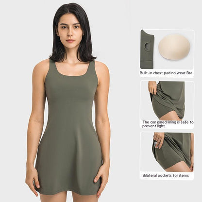 Yoga Clothes With Chest Pad High Elastic Comfortable Fake Two-piece Anti-exposure Tennis Skirt Women
